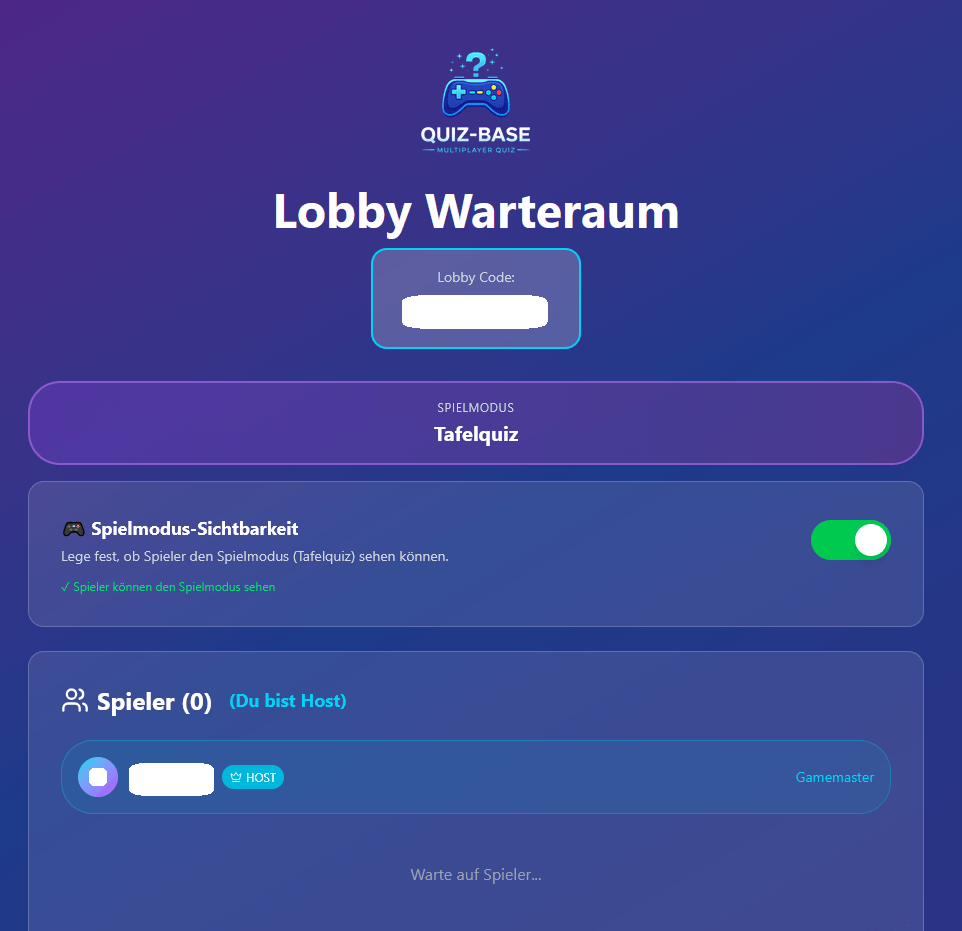 Lobby Warteraum mit Lobby Code, Spielmodus und Spielerliste